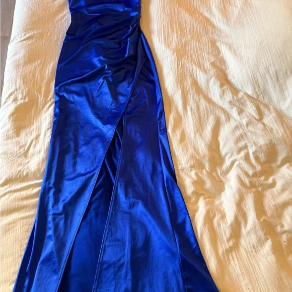 Elegant Royal Blue Satin Wrap Skirt Evening Dress - Picture 1 of 2